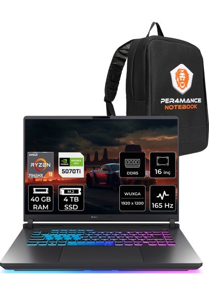 Rog Strix G16 Amd Ryzen 9 7945HX 40GB 4tb SSD RTX5070TI/12GB 16" Fhd+ 165Hz Freedos Taşınabilir Bilgisayar & Per4 Çanta G614PRRV051P325