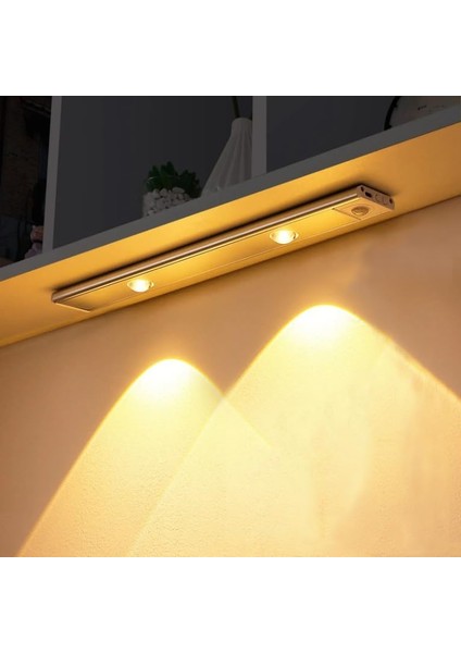 Şarjlı Hareket Sensörlü LED Şerit Çift Modlu Sensörlü Veya Sürekli Işık Yatak Odası Banyo Mutfak Çalışma Odası Aydınlatma Ayarlanabilir 3 Farklı Işık Rengi 30CM 2'li Işık (KS-2000-08)