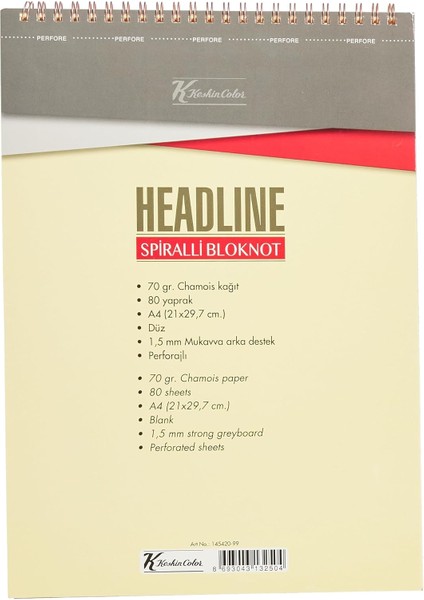 Color A4 Düz Karton Kapak 80 Yp. Spiralli Headline Bloknot
