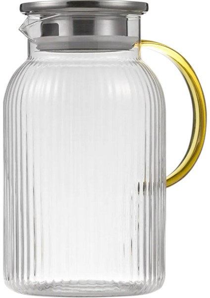 Borosilikat Cam Çizgili Sürahi Gold Saplı Metal Kapaklı 1500 ml
