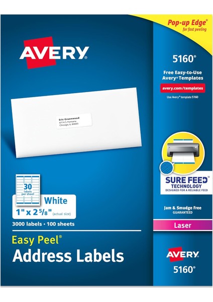 Peel Laser Adresi Etiket, 1 x 2 - 5/8, Beyaz, 3000/BO x , Sold As 1 Box