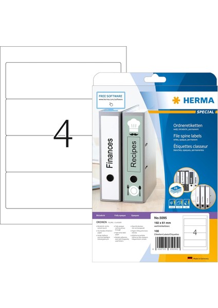 5095 Klasör Sırtı Etiketleri, 25 Yaprak, 192 x 61 Mm, A4 Başına 4, 100 Adet, Kendinden Yapışkanlı, Opak, Çıkartma, Beyaz