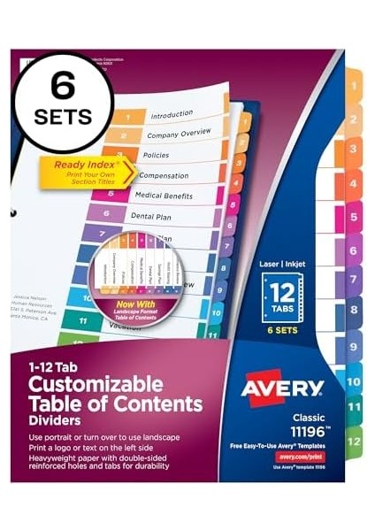 Hazır Dizin 12-Tab Bağlayıcı Bölücüler, Özelleştirilebilir Içindekiler, Çok Renkli Sekmeler, 6 Takım (11196) fiyatları