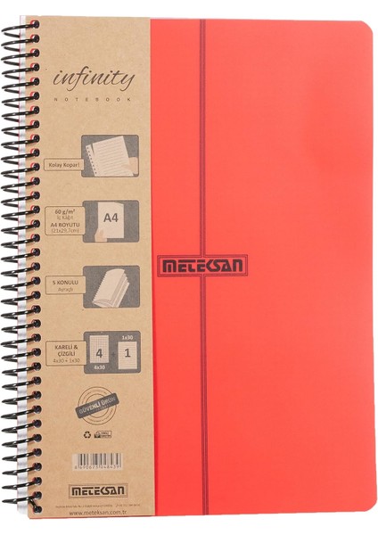 Infinity Primary Serisi, A4, 5 Konulu (4 Kareli, 1 Çizgili) 150 Yaprak Pp Kapaklı Spiralli Defter, Kırmızı