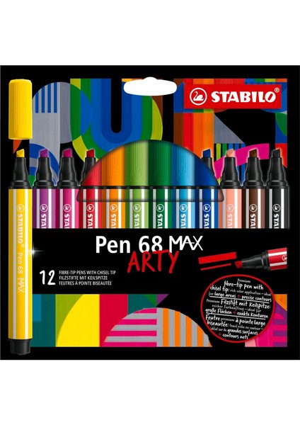 Pen 68 Max Arty - Keçe Uçlu Boya Kalemi, Kalın Kama Uçlu - 12'li Paket - Çeşitli Renkler