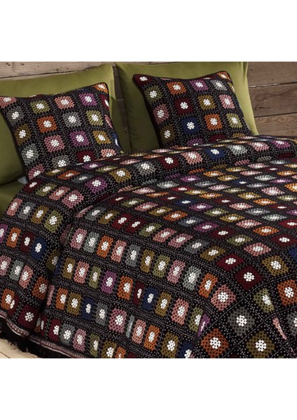 Retro El Örgüsü Temalı Jakarlı Dokuma Çift Kişilik Yatak Örtüsü 260 x 260 cm