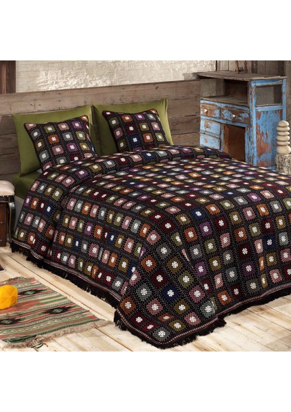 Retro El Örgüsü Temalı Jakarlı Dokuma Çift Kişilik Yatak Örtüsü 260 x 260 cm