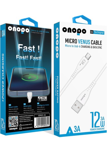 Android Uyumlu Micro USB Hızlı Şarj ve Data Kablosu 3.0A / 1mt - D6