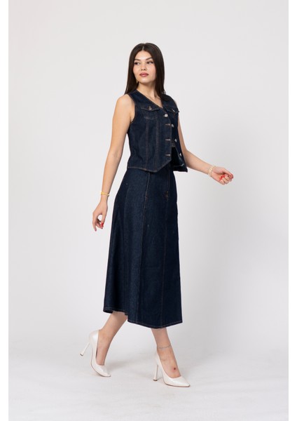 Denim-Kot Yelek ve Etek Takım 1225