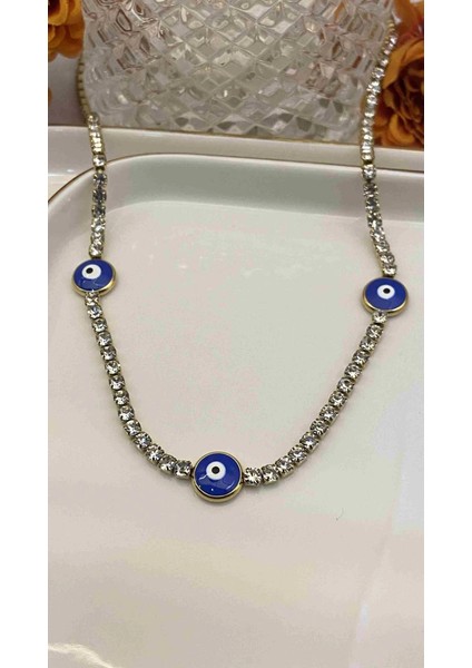 Silver Nazar Boncuklu Parlak Taşlı Çelik Kolye