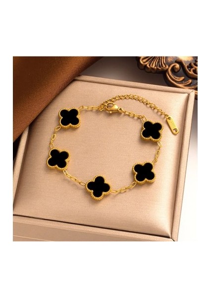 Gold Siyah Yonca Çelik Bileklik