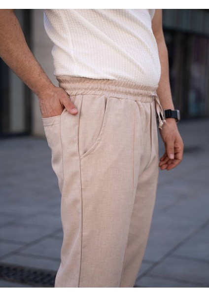 Çımalı Keten Beli Lastikli Baggy Pantolon Kp