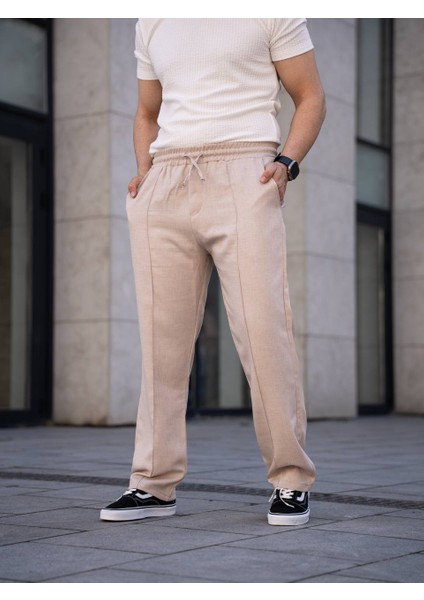 Çımalı Keten Beli Lastikli Baggy Pantolon Kp