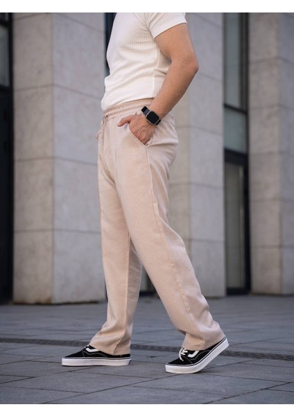 Çımalı Keten Beli Lastikli Baggy Pantolon Kp