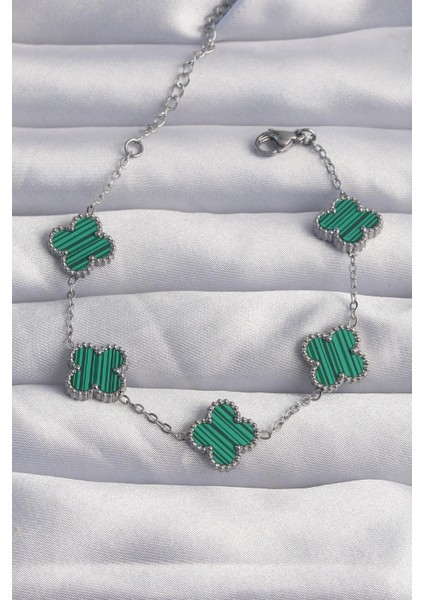 Silver Yeşil Yonca Çelik Bileklik