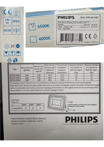 (1 Adet) Phılıps 100W Projektör Beyaz (6500K) BVP150 G2 LED100 Cw Psu Swb Tr