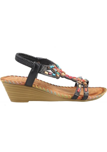 25Y151-6 Kadın Taşlı Dolgu Topuklu Lastikli Comfort Sandalet Siyah
