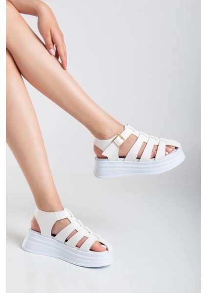 Toten Beyaz Cilt Kemerli Sandalet