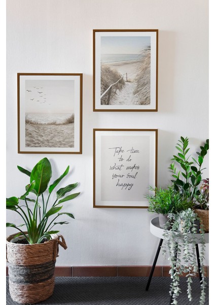 3 Parça Kahverengi Gerçek Ahşap Çerçeveli Tablo Seti - Model 9