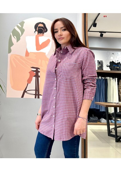 Oversize Geniş Kesim %100 Pamuk Kadın Kırmızı Piti Kare Tunik Gömlek.