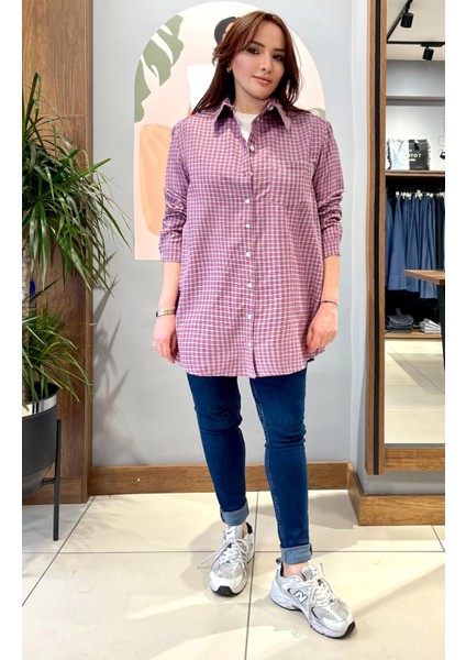 Oversize Geniş Kesim %100 Pamuk Kadın Kırmızı Piti Kare Tunik Gömlek. modelleri