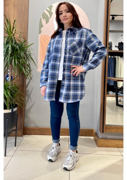 Oversize Geniş Kesim Ince Hafif Kadın Lacivert Ekoseli Tunik Gömlek.