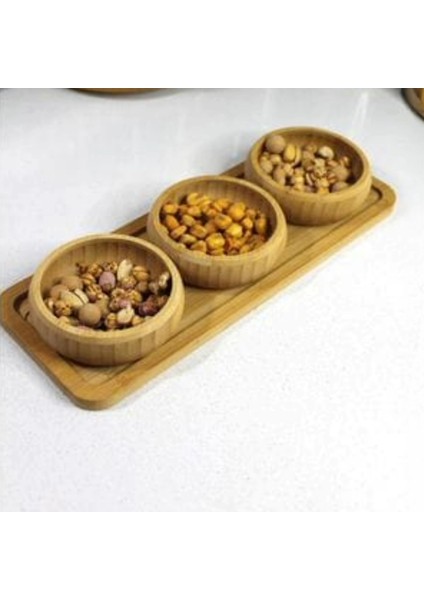 4 Parça Ahşap Bambu Çerezlik Set -Sunum Tepsili Sosluk,reçellik,bal,ketçap,mayanonez Kahvaltı Seti