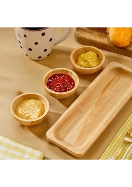 4 Parça Ahşap Bambu Çerezlik Set -Sunum Tepsili Sosluk,reçellik,bal,ketçap,mayanonez Kahvaltı Seti