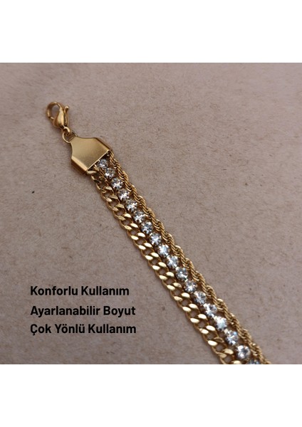 Göz Alıcı Işıltısıyla Çok Katmanlı Kristal Detaylı Altın Rengi Bileklik modelleri