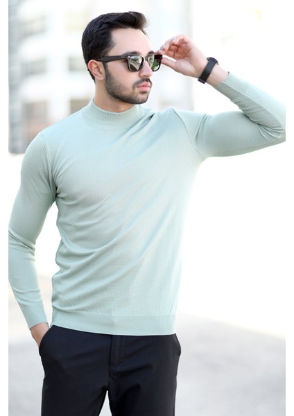 Erkek Yarım Balıkçı Yaka Kazak Açık Yeşil Pirinç Örgü %100 Mikro Flament Triko - 1045