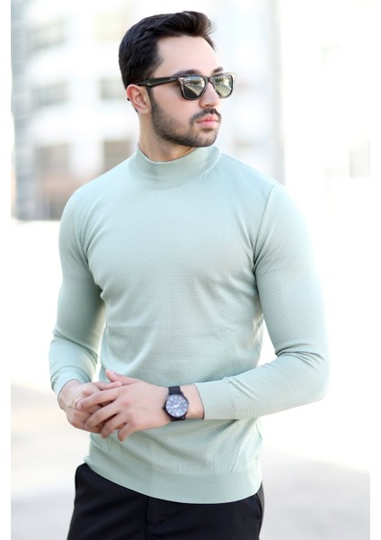 Erkek Yarım Balıkçı Yaka Kazak Açık Yeşil Pirinç Örgü %100 Mikro Flament Triko - 1045 fiyatları