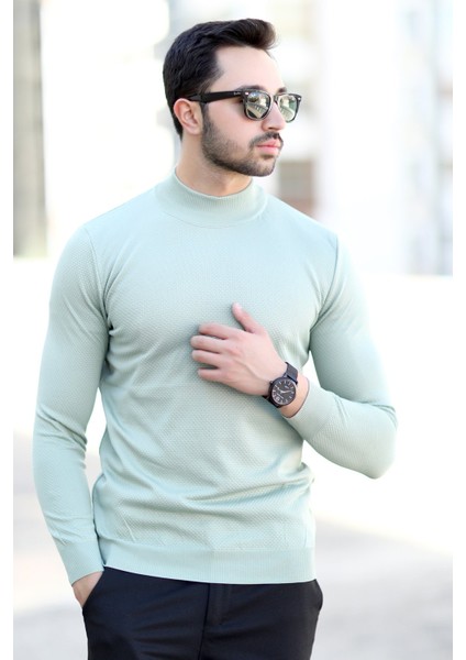 Erkek Yarım Balıkçı Yaka Kazak Açık Yeşil Pirinç Örgü %100 Mikro Flament Triko - 1045 modelleri