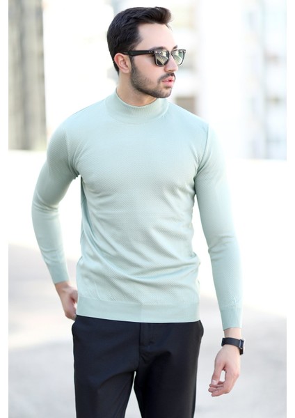 Erkek Yarım Balıkçı Yaka Kazak Açık Yeşil Pirinç Örgü %100 Mikro Flament Triko - 1045 indirimleri