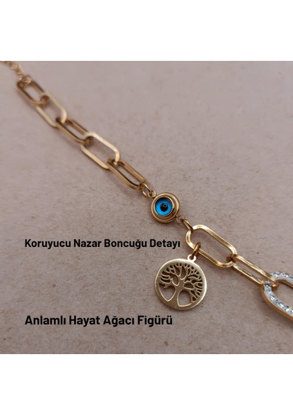Göz Alıcı Detaylarla Bezeli Altın Rengi Nazar Boncuğu ve Hayat Ağacı Charm'lı Bileklik modelleri
