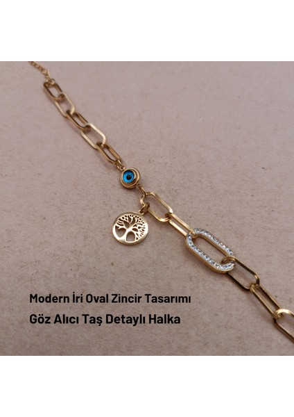 Göz Alıcı Detaylarla Bezeli Altın Rengi Nazar Boncuğu ve Hayat Ağacı Charm'lı Bileklik fırsatları