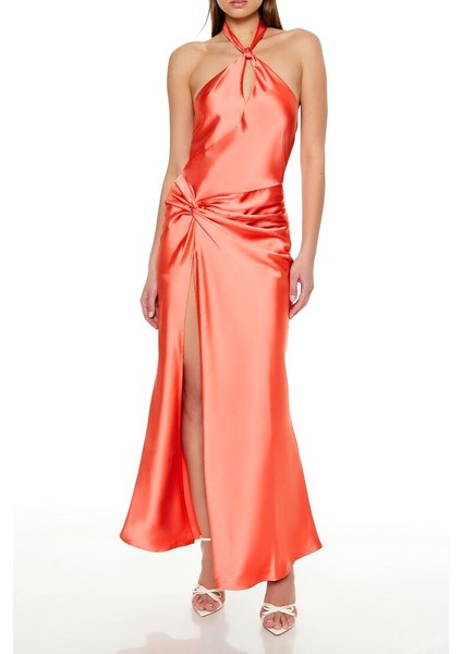 Saten Halter Maxi Elbise