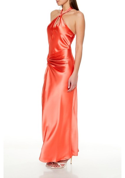 Saten Halter Maxi Elbise