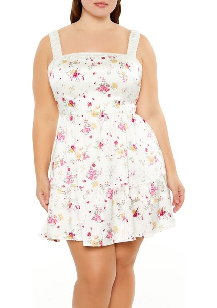 Plus Size Çiçek Desenli Mini Elbise