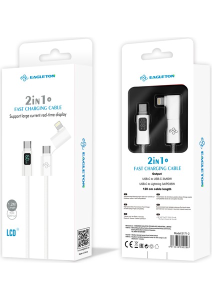 S171-2 60W 2in1 LCD Usb-C To Usb-C/l Dijital Ekranlı Hızlı Şarj Kablosu - 1.2m