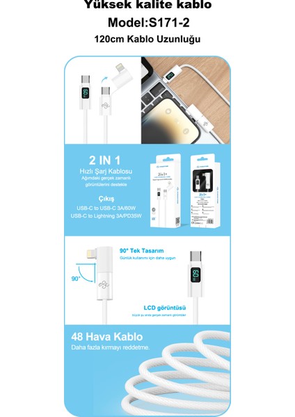 S171-2 60W 2in1 LCD Usb-C To Usb-C/l Dijital Ekranlı Hızlı Şarj Kablosu - 1.2m