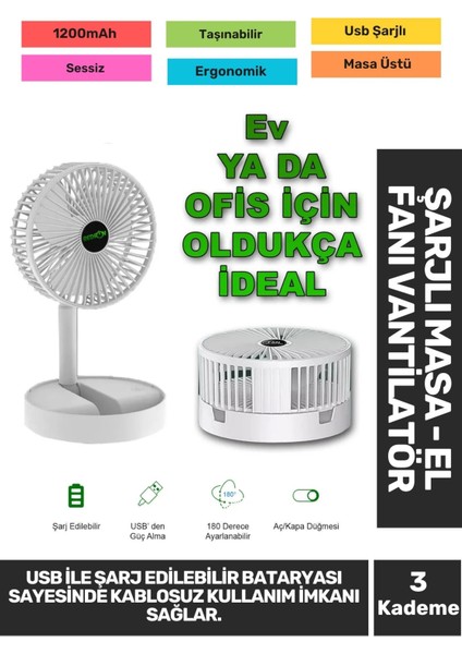Sessiz 3 Kademeli Hafif Kablosuz 1200MAH Pervaneli Taşınabilir USB Şarjlı Masa El Fanı Vantilatör