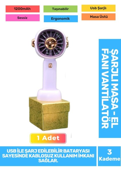 Sessiz 3 Kademeli Hafif Kablosuz 1200MAH Pervaneli Taşınabilir USB Şarjlı Masa El Fanı Vantilatör