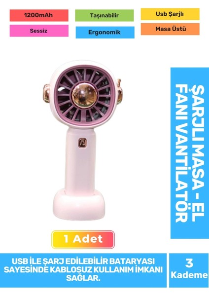 Sessiz 3 Kademeli Hafif Kablosuz 1200MAH Pervaneli Taşınabilir USB Şarjlı Masa El Fanı Vantilatör