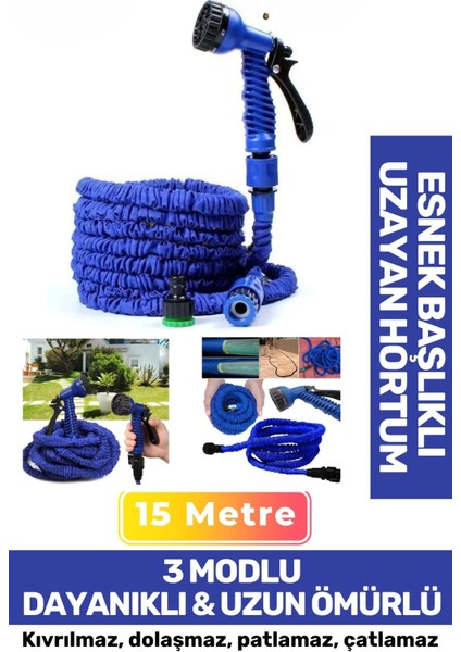 Premium Dolaşmaz Kırılmaz 7 Kademe Uzayan Bahçe Sulama Araç Yıkama Tabancalı 15 Metre Sihirli Hortum
