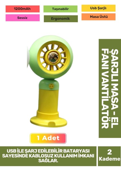 Sessiz 2 Kademeli Hafif Kablosuz 1200MAH Pervaneli Taşınabilir USB Şarjlı Masa El Fanı Vantilatör