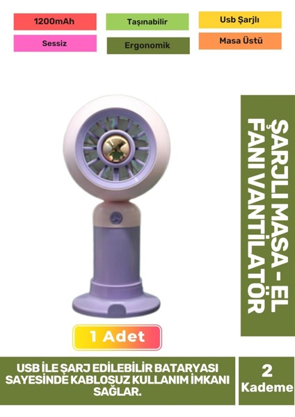 Sessiz 2 Kademeli Hafif Kablosuz 1200MAH Pervaneli Taşınabilir USB Şarjlı Masa El Fanı Vantilatör