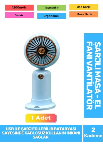 Sessiz 2 Kademeli Hafif Kablosuz 1200MAH Pervaneli Taşınabilir USB Şarjlı Masa El Fanı Vantilatör
