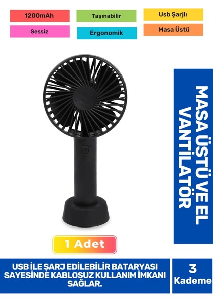 Sessiz 3 Kademeli Hafif Kablosuz 1200MAH Pervaneli Taşınabilir USB Şarjlı Masa El Fanı Vantilatör