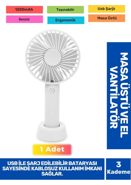 Sessiz 3 Kademeli Hafif Kablosuz 1200MAH Pervaneli Taşınabilir USB Şarjlı Masa El Fanı Vantilatör