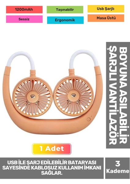 Premium Sessiz Sarı Eller Serbest Boyuna Asılabilir Şarjlı 3 Kademeli Vantilatör Klima Soğutucu Fan